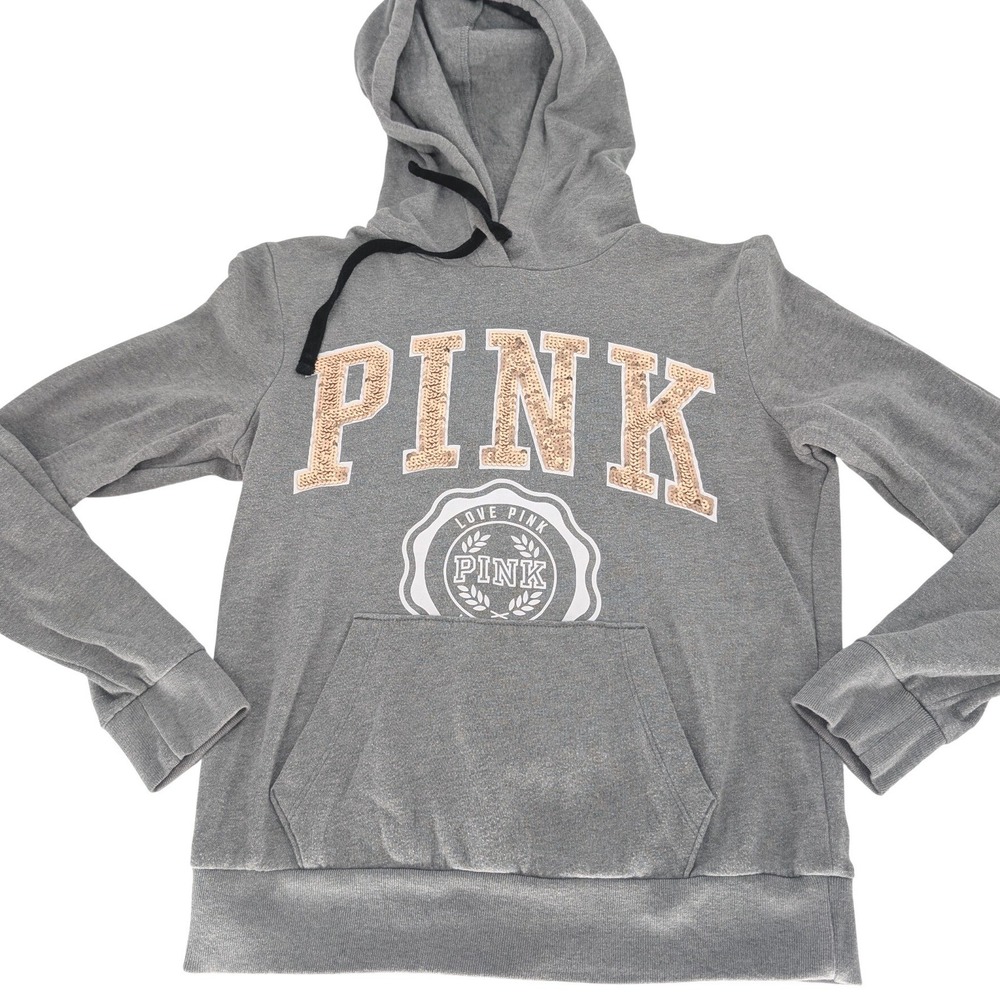 PINK Victorias Secret Hoodie XS Grayâ Sequin University Logo Pullover Y2K Bling